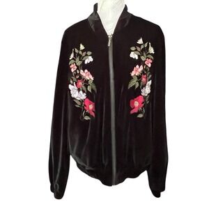 Lea Viola Sz XL Velour Floral Embroidered Jacket Full Zip Pockets Stretch Travel